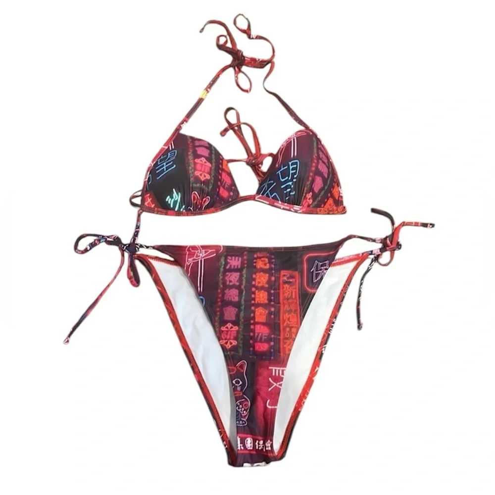 Neon Asian Streetwear Print String Bikini